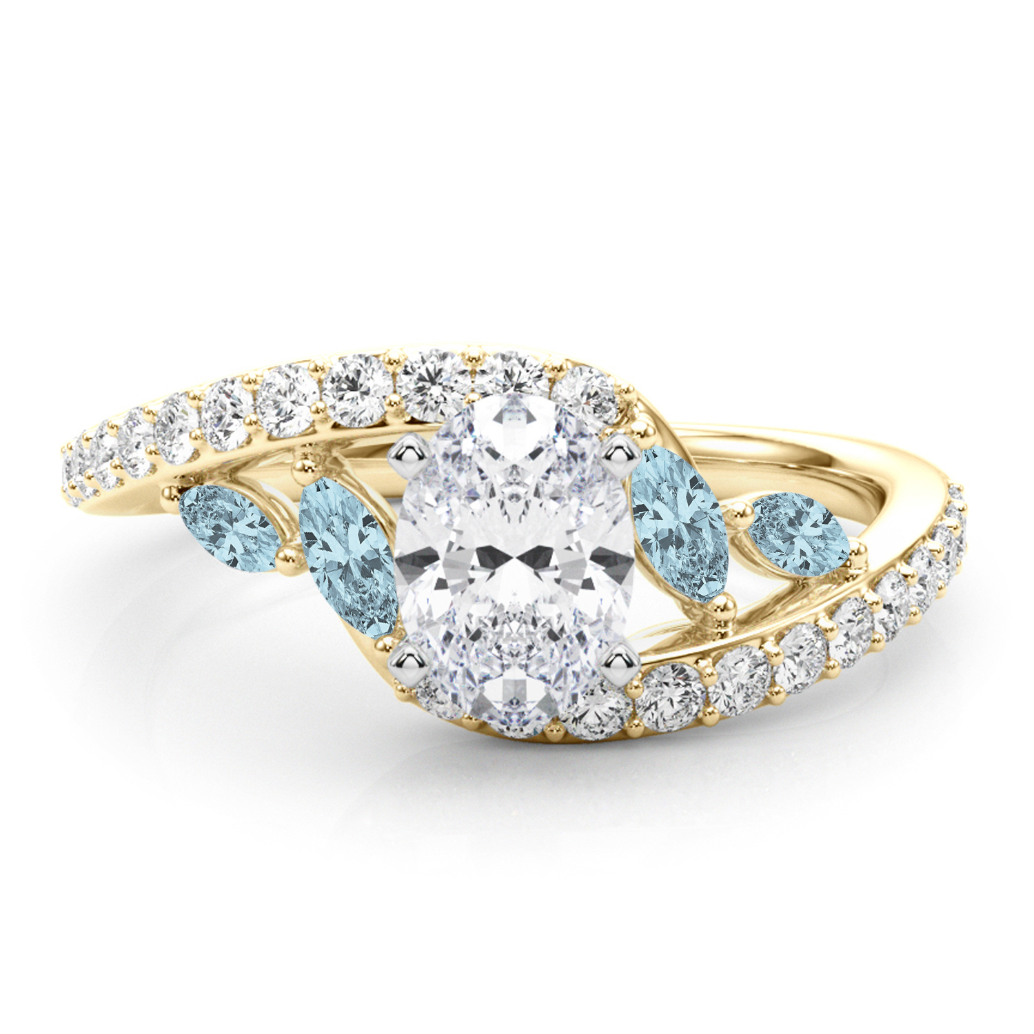 Swirl Design Diamond & Marquise Aquamarine Engagement Ring 18K Yellow Gold (0.63ct)